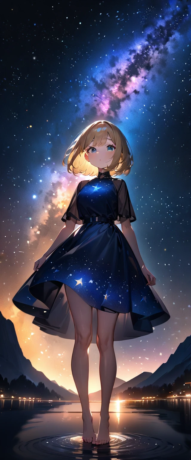 (((A big star dancing in the night sky, countless stars twinkling in the clear air, a beautiful starry sky, the Milky Way shining beautifully in the night))), mountain, wide shot, a girl, bob cut, bare legs, bare foot, blond hair, (best quality, 4K, 8K, highres, masterpiece:1.2, ultra-detailed, HDR, uhd, studio lighting, ultra-fine painting, sharp focus, physically-based rendering, extreme detail description, professional, vivid colors, bokeh)