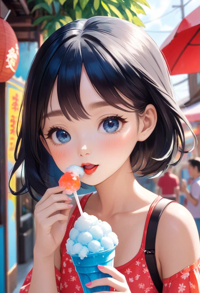 (masterpiece, best quality:1.2),  noodle (gorillaz), black hair, 1girl, streaked hair, black eyes, multicolored hair, bangs,  parted lips, breasts, small breasts,  bob cut, 1girl wearing floral dress, collarbone, shiny forehead, food, tongue, eating, smiling, licking, realistic, ice cream, ice cream cone, dripping melted ice cream on  chin and dripping onto dress, city park, looking at viewer, five fingers