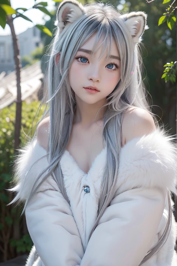 -yeld giFace、clasle body、(Fhite Tigerの毛皮、Fluffy fur:1.5)、Small breasts、Small breasts、Pink nipples、smile、bangs、Long Hair、(White Tiger、Fox Ears、Silver Hair、Crystal clear hair、Smooth Hair:1.5)、Put your hand in front of you、The light shines on my hair、Light Hair、Silky Hair、Shiny Hair、The body is slim、RAW Photos, (Highest quality、masterpiece、Realistic photos:1.2)、Dramatic lighting、Bright lighting、Very detailed、Realistic skin texture、Beautiful eyes in every detail、Blue colored eyes、Ice Country、Rime on trees、Arctic、(Detailed Background、Written boundary depth:1.2)、