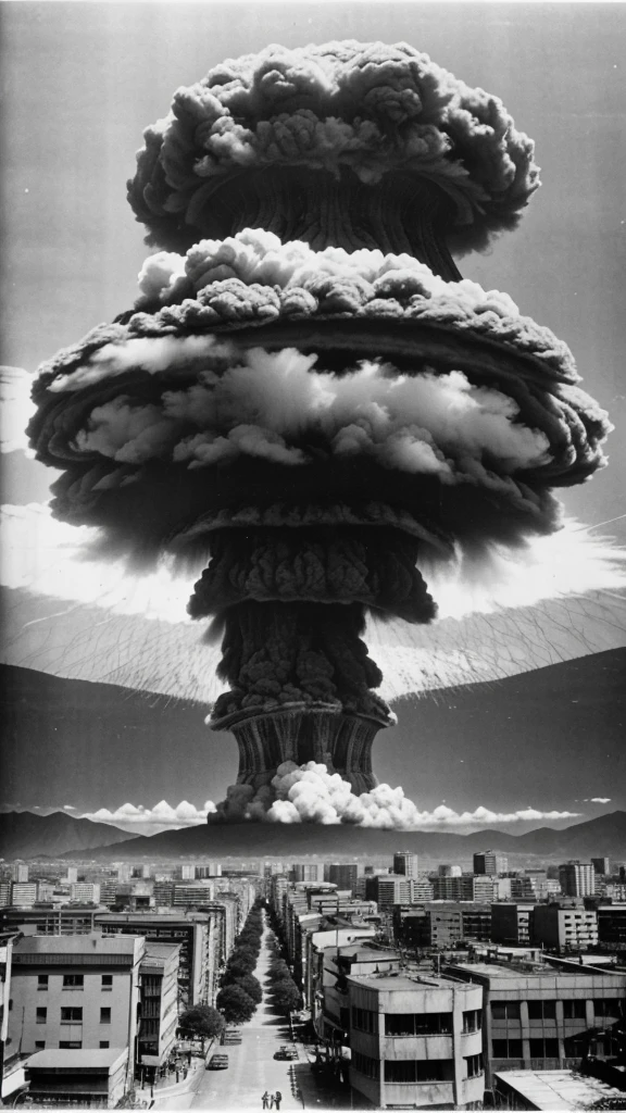 "Show black-and-white footage of bustling Hiroshima before the bombing. Transition to a dramatic image of the mushroom cloud rising over Hiroshima. Include visuals of destroyed buildings and injured survivors in the aftermath."