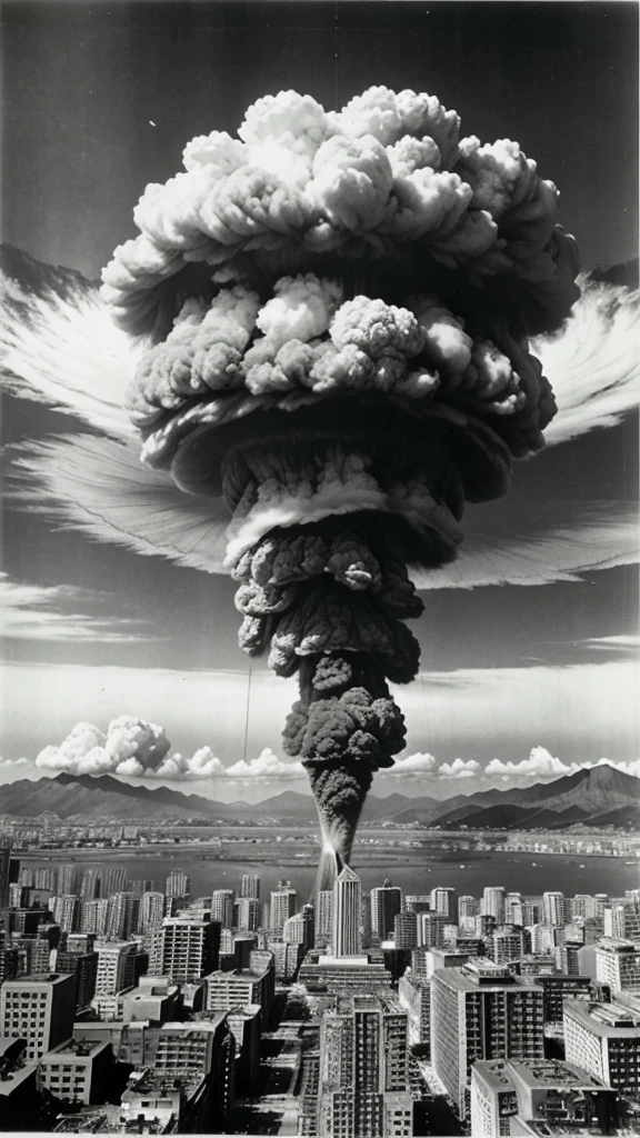 a mushroom cloud in the sky, a portrait by Tadashi Nakayama, Michael Bay, sōsaku hanga, mushroom cloud on horizon, mushroom cloud in the background, atomic explosion, mushroom cloud, atomic bomb, nuclear bomb blast, nuclear bomb explosion, nuke dropping, nuclear mushroom cloud, nuclear cloud, nuclear bomb, nuclear explosion