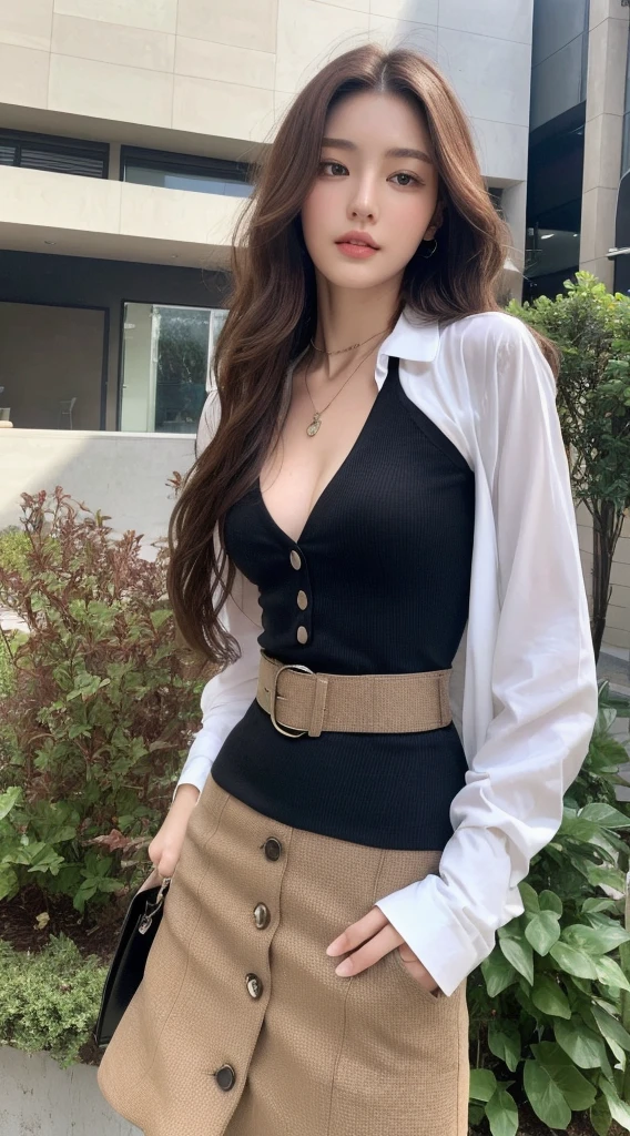 (Best quality, High resolution, Masterpiece :1.3), A tall and pretty woman, Slender abs, Dark brown hair styled in loose waves, Breasts, Wearing pendant, White button up shirt, Belt, Black skirt, (Modern architecture in background), Details exquisitely rendered in the face and skin texture, Detailed eyes, Double eyelid