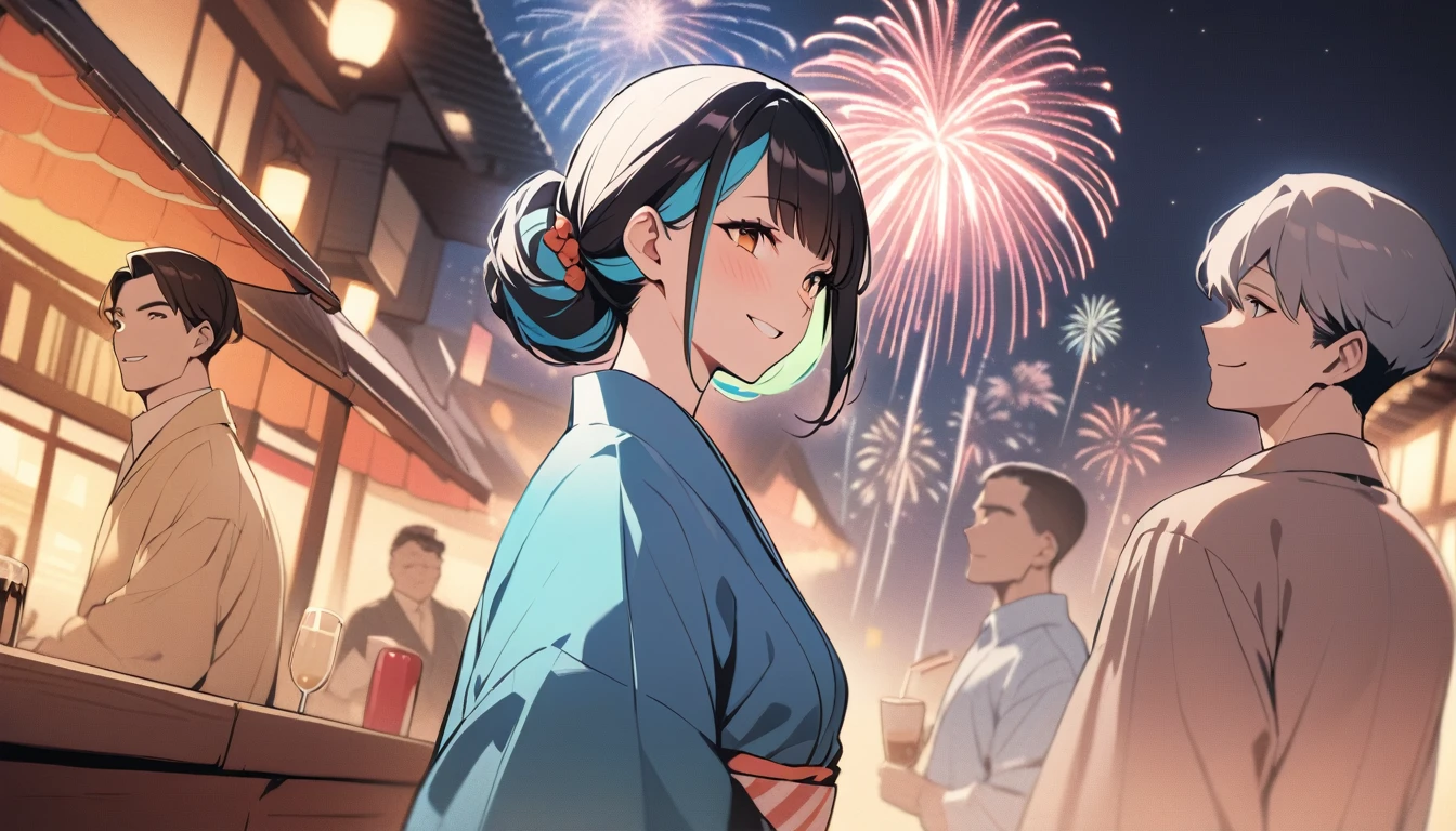 Cafe、Lovers of men and women、seems to be happy,smile、Fireworks display、 Multicolored Hair, 、Retro costumes, yukata, Glancing sideways, Hyper Pop, stylish、 Retro feel, overview, masterpiece, Highest quality,