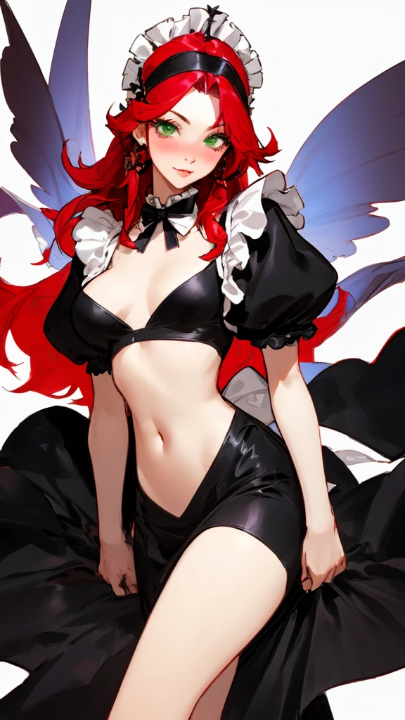 a nude cartoon depiction of a sexy, red haired woman in a maids outfit, 1girl, breasts, solo, green eyes, long hair, looking at viewer, maid headdress, red hair, short sleeves, dress, frills, blush, white background, bow, black dress, simple background, puffy short sleeves, breasts apart, black bow, covered navel, puffy sleeves