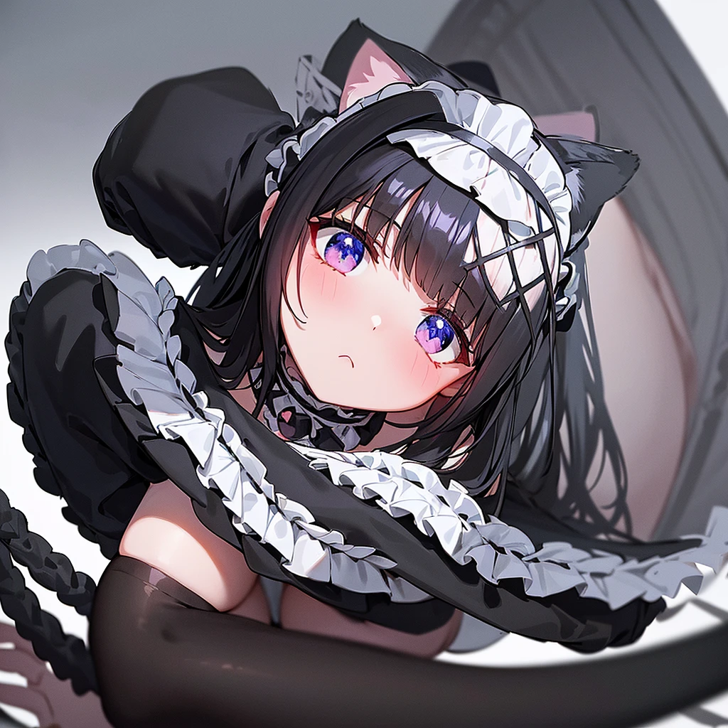 Selllook3d、game、Dark fantasy、Female maid、cool、A maid outfit with a black base、The background is all white、three views、Full body view、barefoot、White tights with runs、Blushing、Five fingers、Blue sparkling eyes、Lots of frills、Long black hair、Blue gradation in hair、cute、Gorgeous white embroidery on maid outfit、Maid Headband、The upper chest is visible、Confused eyes、Cold feeling、Gothic ta style、Black choker around the neck、dagger、masterpeace,perfect anatomy,Long sleeve black frill、Selllook、Anime Style、Huge black and white blue string ribbon、Black boots、Cat ear、Absolute area、Plump thighs、Frilled Skirt、Tsundere、blush、adult、