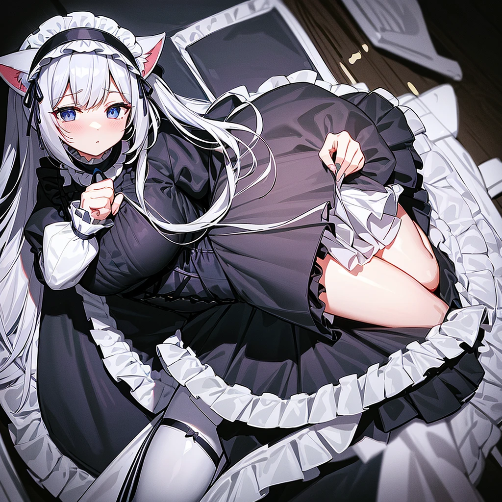 Selllook3d、game、Dark fantasy、Female maid、cool、A maid outfit with a black base、The background is all white、three views、Full body view、barefoot、White tights with runs、Blushing、Five fingers、Blue sparkling eyes、Lots of frills、Long black hair、Blue gradation in hair、cute、Gorgeous white embroidery on maid outfit、Maid Headband、The upper chest is visible、Confused eyes、Cold feeling、Gothic Lolita style、Black choker around the neck、dagger、masterpeace,perfect anatomy,Long sleeve black frill、Selllook、Anime Style、Huge black and white blue string ribbon、Black boots、Cat ear、Absolute area、Plump thighs、Frilled Skirt、Tsundere、blush、adult、