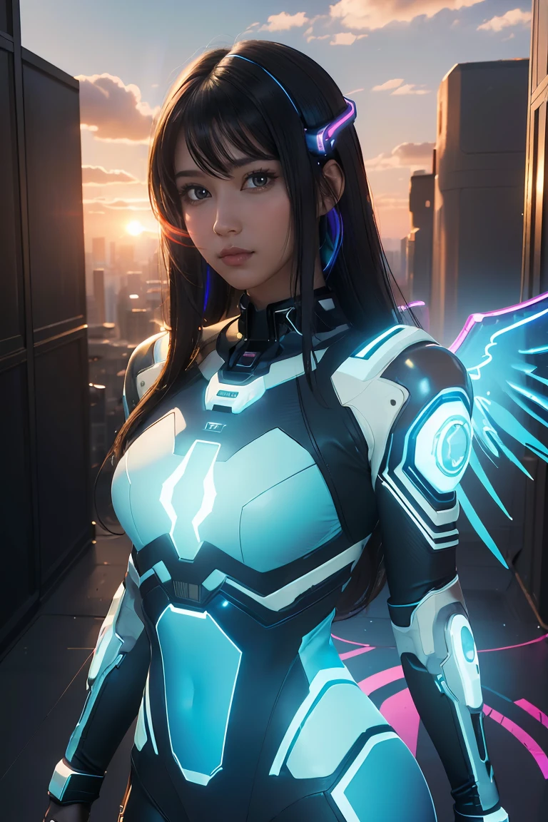 ((masterpiece, best quality, extremely detailed), volumetric lighting, ambient occlusion, colorful, glowing),
1girl, solo, young girl, (dark hair), long hair, halo, aura, sacred, godness, cyber suit, (random-colored outfit:1.3), android, bot, cybernetic wings,
outdoors, sunset, sky, clouds, space, (cyberpunk theme:1.2),