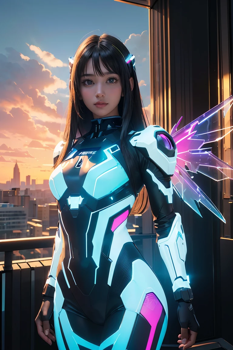 ((masterpiece, best quality, extremely detailed), volumetric lighting, ambient occlusion, colorful, glowing), 
1girl, solo, young girl, (dark hair), long hair, halo, aura, sacred, godness, cyber suit, (random-colored outfit:1.3), android, bot, cybernetic wings,
outdoors, sunset, sky, clouds, space, (cyberpunk theme:1.2),