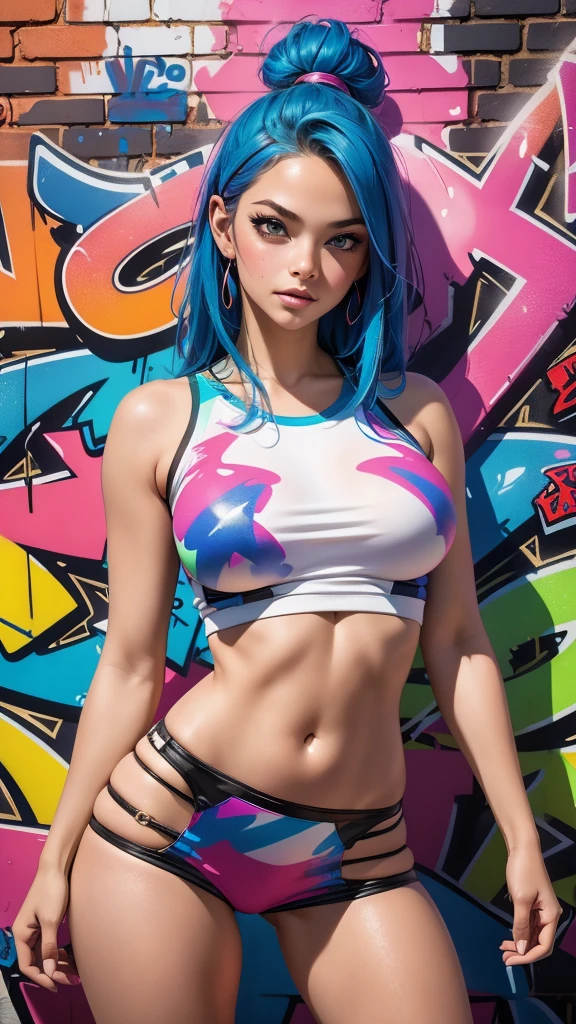 (best quality), (high detail), (vivid colors), (Highly detailed), (graffiti style), (freestyle), (Close up), (1girl), (Nsfw)young sexy female teen girl, big tits, (see through), tight top, posing in front of a brick wall painted with street art, HDR, 8K, 3D, graffiti art style.  