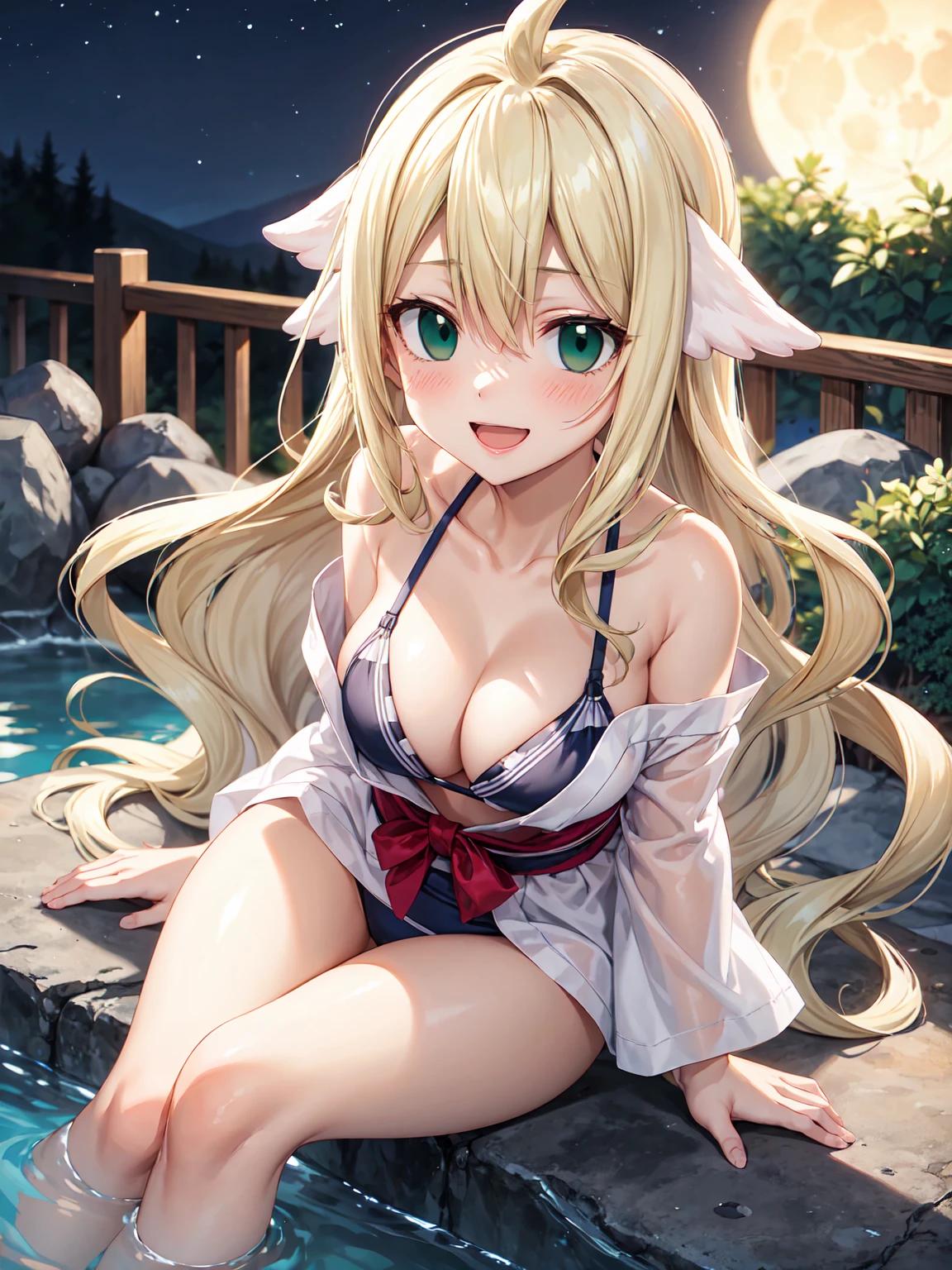 Masterpiece ,best quality , high resolution , (1 girl solo:1.38) , (mavis, long hair, blonde hair, (green eyes:1.5), ahoge, wavy hair) , (cleavage:1.2) , (medium breast:1.28) , (wear yukata , inside wear bikini ) , (cleavage:1.15) , (big breast:1.1) , (face view , front view , from front , look at view ) , (outdoor , in hot_spring , night , hot_spring hotel , pund , night , moonlight) , (sitting on stone , sitting beside pound , legs in water , thighs ) , ( smile , open mouth , full face blush , shy )