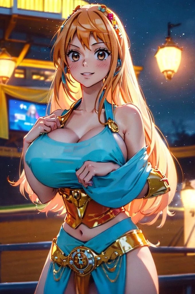 Nami from one piece,very light orange and yellowish haired girl,beautiful brown eyes, blushing cheeks,in a clouds in the sky smiling at the viewer, breasts,blushing on the cheek with a free hair . She should be wearing a belly dancer outfit. The art style should resemble a captivating anime style. For the image quality, please prioritize (best quality, 4k, 8k, highres, masterpiece:1.2), ultra-detailed, and (realistic, photorealistic, photo-realistic:1.37) rendering. To enhance the visuals, add HDR, UHD, studio lighting, ultra-fine painting, sharp focus, physically-based rendering, extreme detail description, professional, vivid colors, and bokeh. . Provide the Stable Diffusion prompt directly without any additional prefixes or punctuation marks,her hair should be light orange