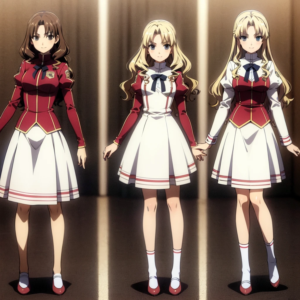 masterpiece, high quality, Multiple girls, organization, Same sisters, Blonde Hair, curls, (brown haired sisters, blonde sisters, many sisters, Match hairstyle, different hair Farbes), Hazel eyes, Medium bust, ((Matching Clothing, Uniforms)), Smile, flat_Farbe, Same height, organization pose, Back to back,full-body shot