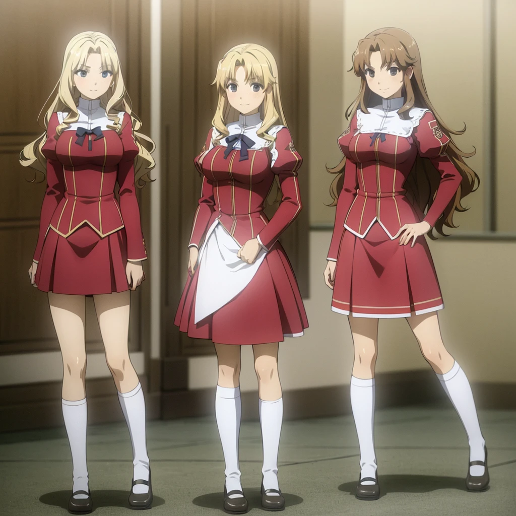 masterpiece, high quality, Multiple girls, organization, Same sisters, Blonde Hair, curls, (brown haired sisters, blonde sisters, many sisters, Match hairstyle, different hair Farbes), Hazel eyes, Medium bust, ((Matching Clothing, Uniforms)), Smile, flat_Farbe, Same height, organization pose, Back to back,full-body shot 