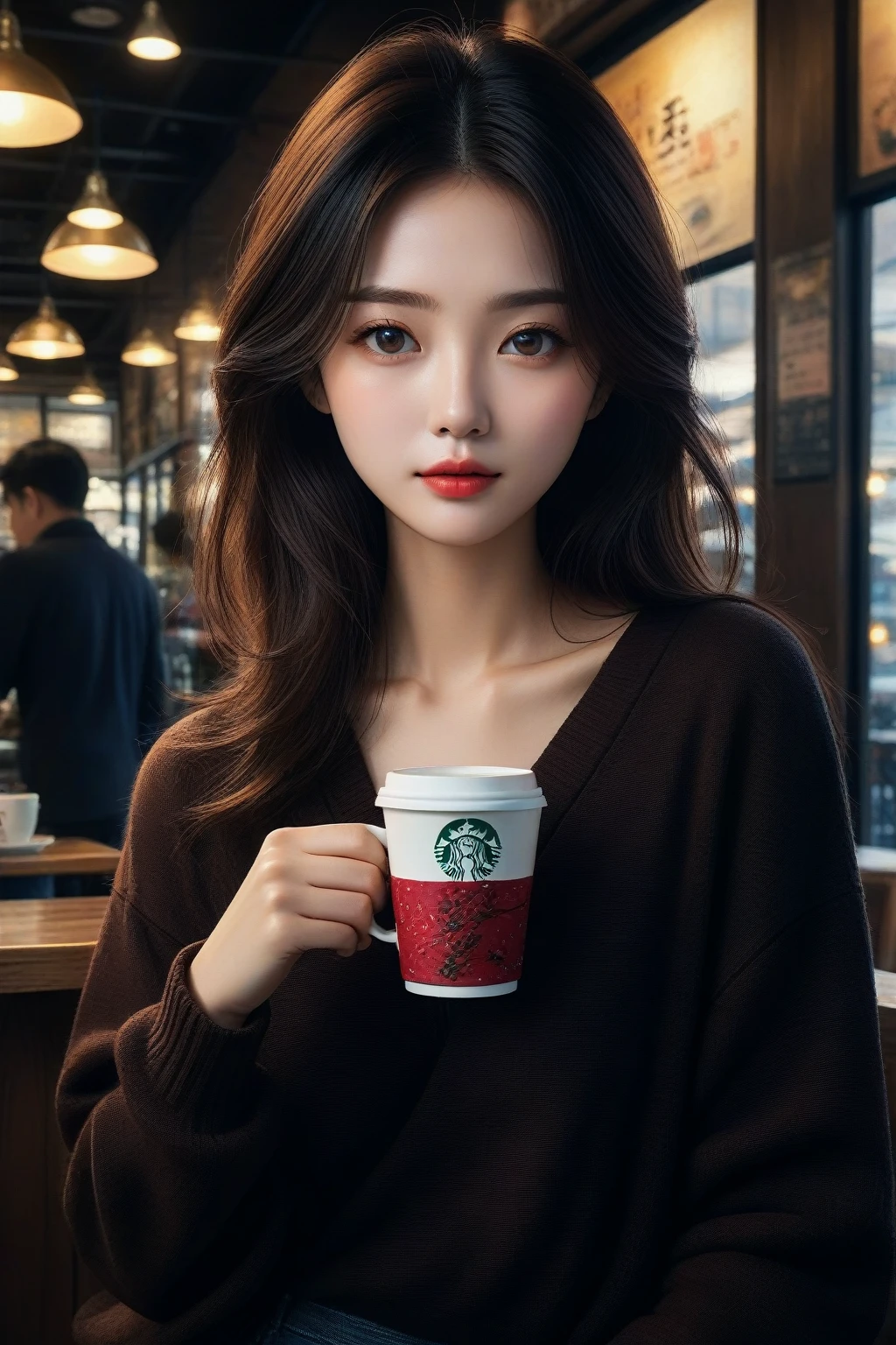 the best质量,masterpiece,Ultra-high resolution,1 Girl,Coffee Shop,Unique,Iconic,beautiful,Lovely,perfect,detailed,Innocent,elegant,complex,the best,Light,saturated colors,artistic,Clear focus,color,work,dramatic,full,crisp,Extremely detailed,professional,Movie,singular,beautiful,epic,amazing,Gorgeous,Winning,