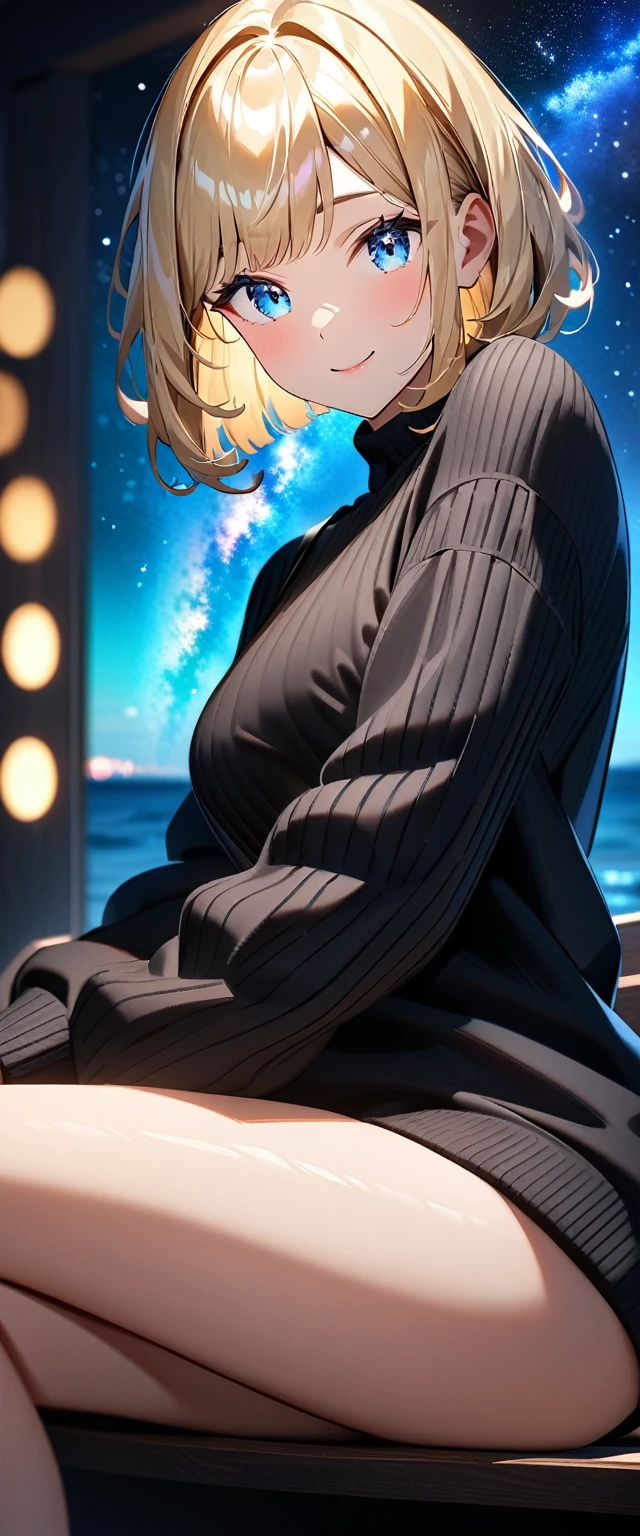 (()), (((focus on face))), ((extreme close up face)), (((a beautiful starry sky, the Milky Way shining beautifully in the night))), ((Aran sweater)), ((((from side)))), ((sitting on the very high cliff)), wavy hair, inward curled hair, sea, ((blond hair, bob cut:1.3)), breasts, ager, (looking at viewer), oversized clothes, puffy long sleeves, ((off-shoulder sweater:1.3, Quite thick shoulder straps)), ((black sweater)), collarbone, head tilt:1.3, (((blue eyes))), happy smile, (((anime style))), (best quality, 4K, 8K, highres, masterpiece:1.2, ultra-detailed, ultra-detailed eyes, HDR, uhd, studio lighting, ultra-fine painting, sharp focus, physically-based rendering, extreme detail description, professional, vivid colors, bokeh)