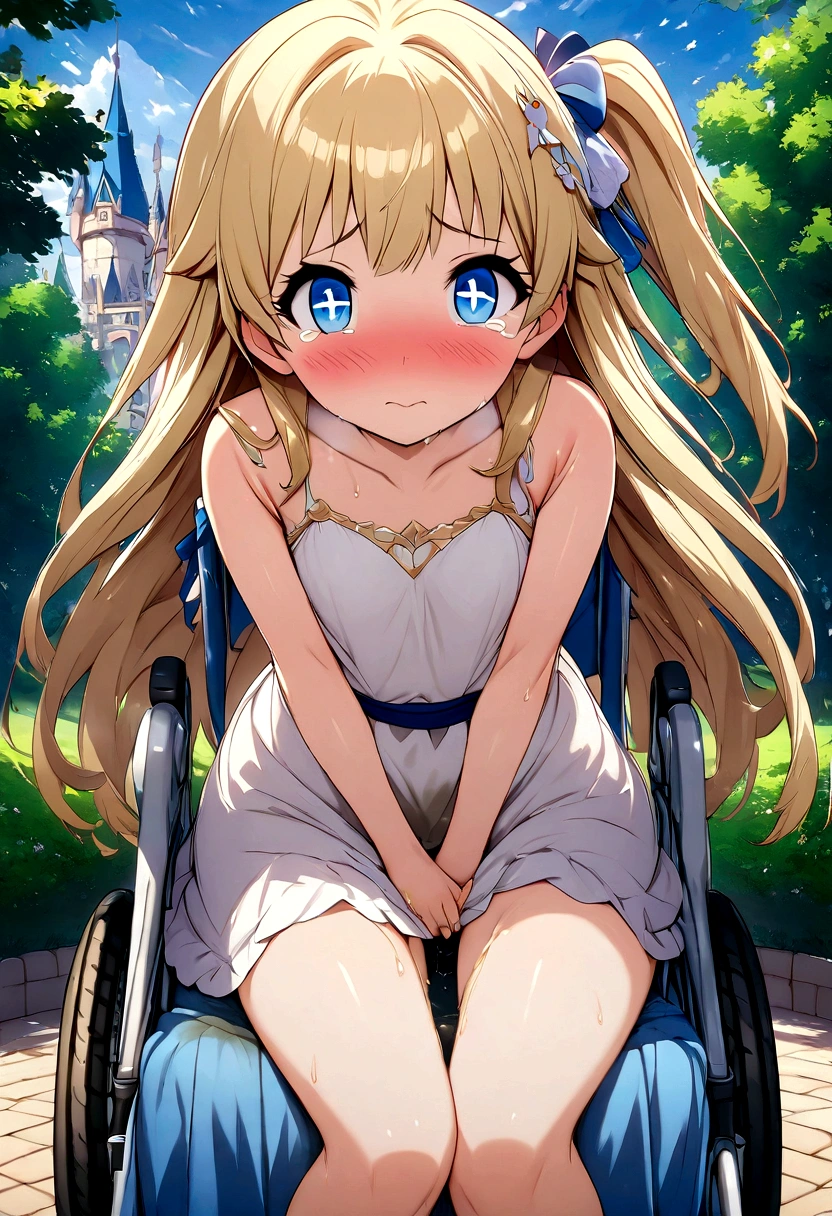 Anime. 1 girl. Baby. Princess. Blonde. Long hair. Blue eyes. Beautiful eyes. Perfect eyes. Expressive eyes. Eyes covered with a faded film. Blind eyes. Blind. Ideal face. Ideal anatomical body. Beautiful long legs. Beautiful body. Beautiful nose. ************. Embarrassment. Blush. Beautiful character design. Shiny skin. Light white dress. Shoes. Hair decorations. Disabled person. Paralytic. Sitting. Wheelchair. Hands on crotch. Urinary incontinence. Wants to pee. She needs to pee. She has a strong, desperate urge to pee. He squeezes his crotch tightly. Rubs copper. Slight lean forward. She peed herself. Fantasy city. A park. Date. He takes off his wet panties. Tears in my eyes. Cry. Snot flows from the nose. Full body. nsfw. Official art. Extremely detailed CG Unity 8k wallpaper. Ideal lighting. Ultra high resolution 4K. Super detailed 8K. A high resolution.