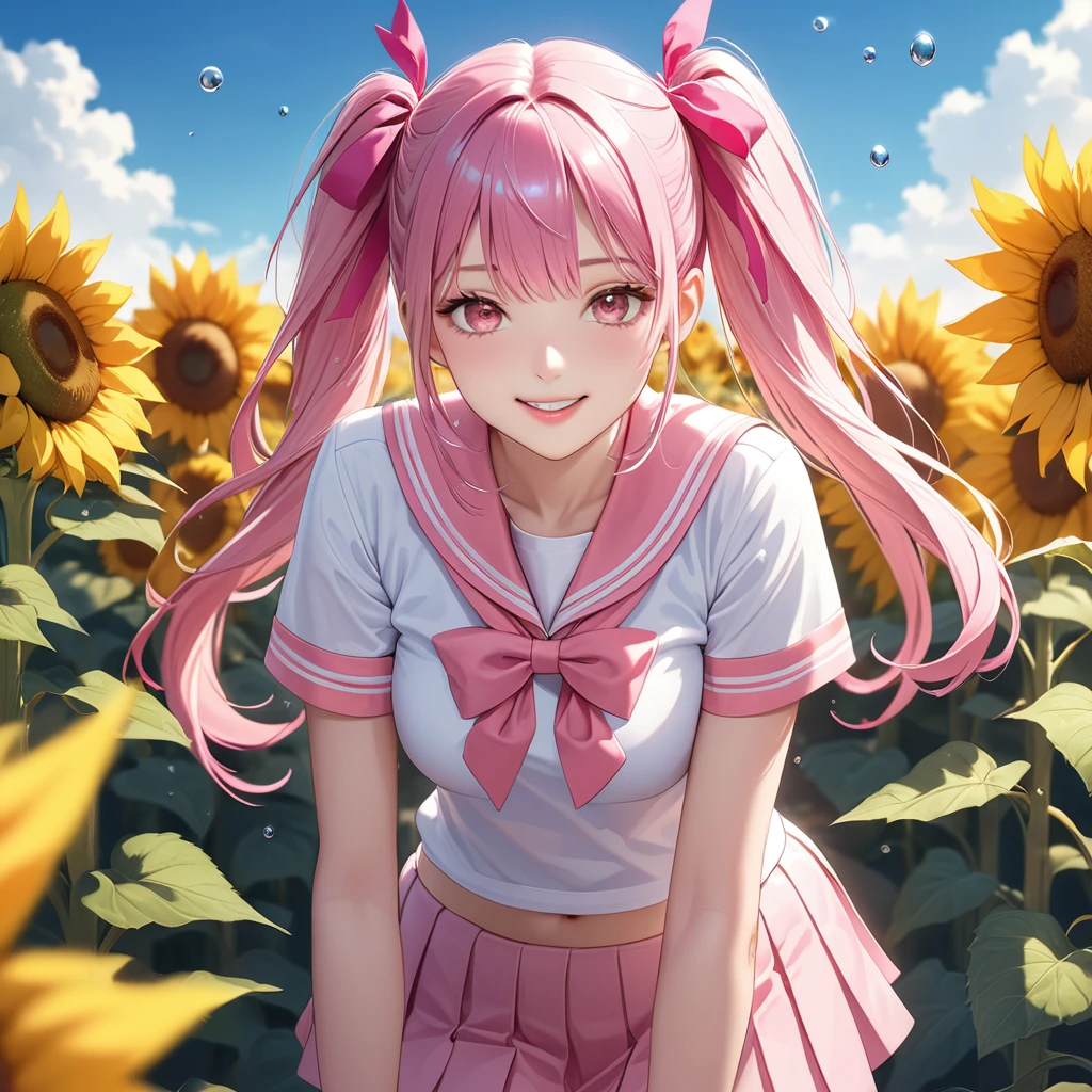 (8K, masutepiece, Best Quality, Official art, beautiful detailed, beautiful lighting, best masterpiece in history that exceeds limits), (1 Girl, Solo), (sixteen years old), (beautiful detailed face), (shiny white skin), (Beautiful big bust:1.3), (thighs, navel:1.2), (beautiful detailed pink twin tails hair, Bangs:1.3), (beautiful detailed drooping pink eyes:1.5), (high school uniform:1.3), (patsel pink sailor collar, white short sleeves short length outing shirt, pastel pink pleated skirt, patsel pink ribbon:1.3), (happy smile:1.2), (Attractive, Look at the camera, cute pose), breathtaking scenery, (ultra detailed realistic Beautiful field of sunflowers, blue sky, summer, water gun, water droplets, water:1.2),