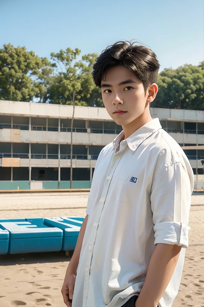 young asian man looking at camera In a white button-down shirt , Fieldside, beach, sunlight, looking at the football field