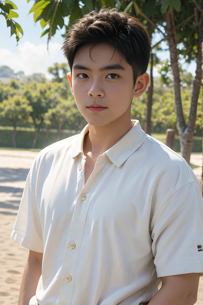 young asian man looking at camera In a white button-down shirt , Fieldside, beach, sunlight, looking at the football field