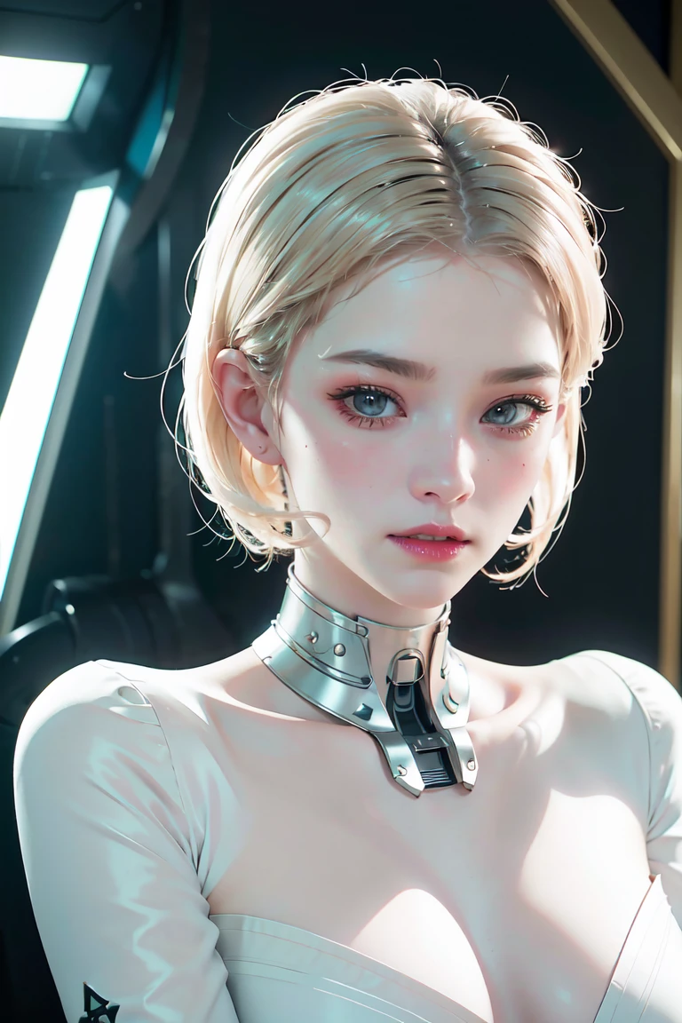 《The role of artificial intelligence》。（（（Virtual character design：Psychological counselor。miss，20 years old，white short hair，Exquisite facial features，beautiful make up，Skin details，Smile）））。（（white suit））。((Super realistic details))。 illumination, light and shadow, octane rendering, 8k, super sharp,complicated, Accessory details,atmosphere