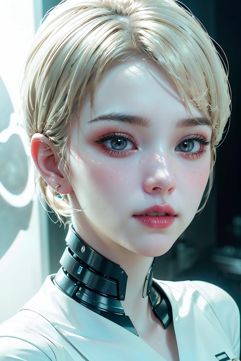 《The role of artificial intelligence》。（（（Virtual character design：Psychological counselor。miss，20 years old，white short hair，Exquisite facial features，beautiful make up，Skin details，Smile）））。（（white suit））。((Super realistic details))。 illumination, light and shadow, octane rendering, 8k, super sharp,complicated, Accessory details,atmosphere