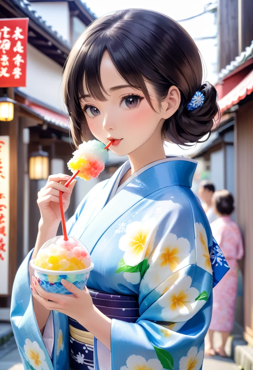 A beautiful woman in a translucent yukata eating shaved ice