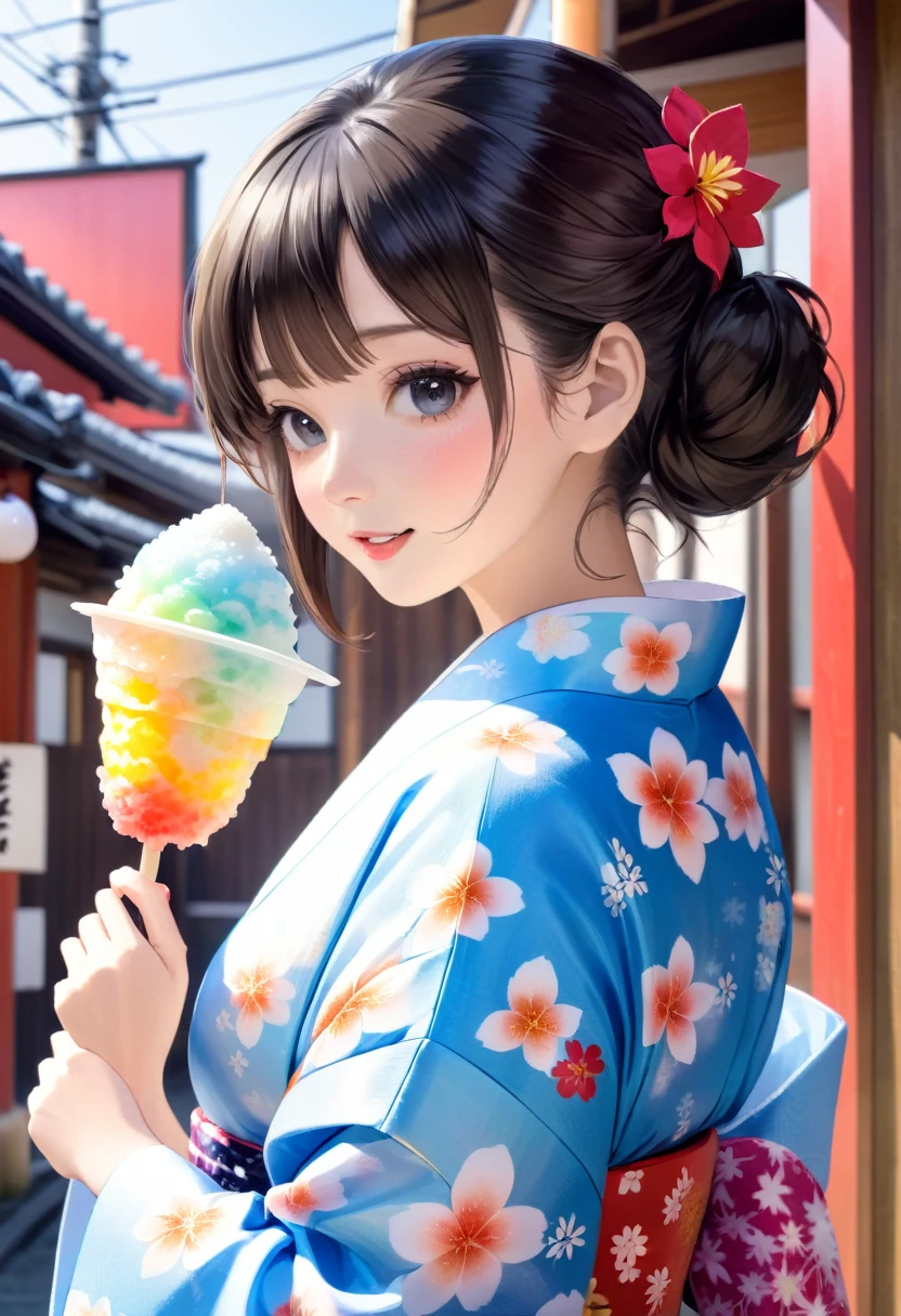 A beautiful woman in a translucent yukata eating shaved ice