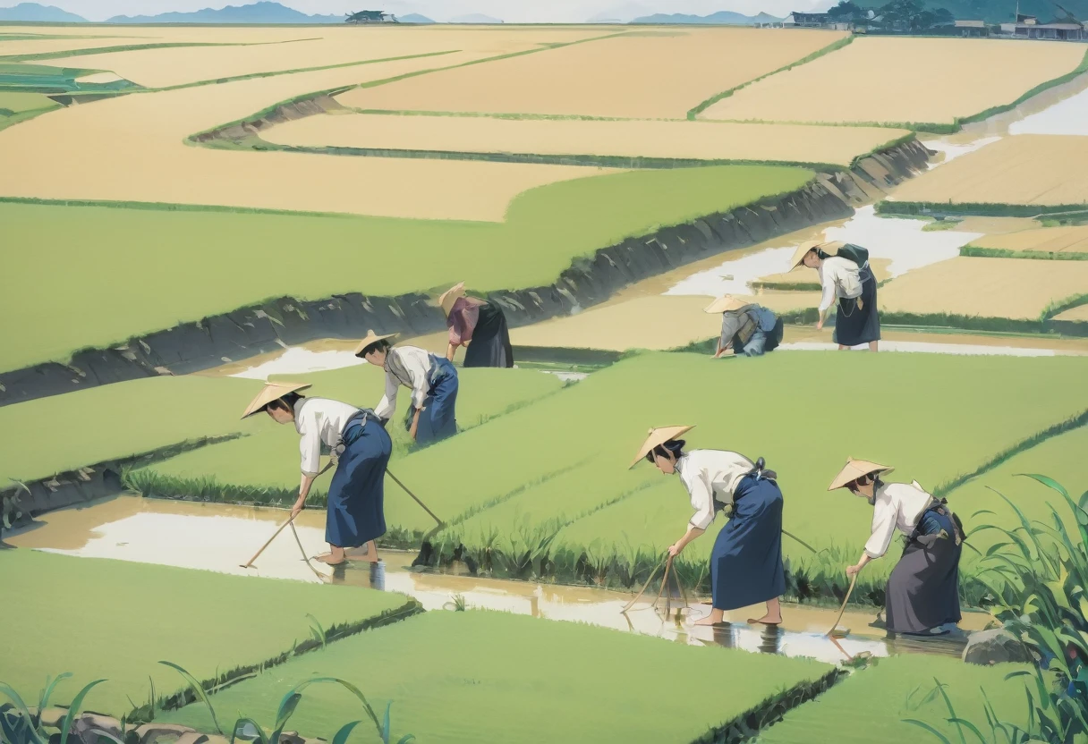 Paddy fieldで働く人々Group painting, Villagers busy farming, by Naomichi Nakamura, By Tomioka Tessai, Yayoi period Japanを舞台にした, or period, Japanese Farmers, Japanese Harvest, Yayoi period Japan, By Chizuko Yoshida, by Yokoyama Taikan, Paddy field, japanese scenery in or period