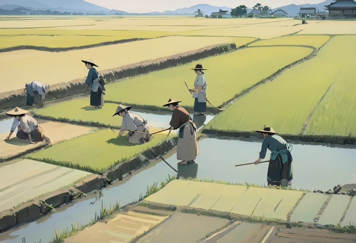 Paddy fieldで働く人々Group painting, Villagers busy farming, by Naomichi Nakamura, By Tomioka Tessai, Yayoi period Japanを舞台にした, or period, Japanese Farmers, Japanese Harvest, Yayoi period Japan, By Chizuko Yoshida, by Yokoyama Taikan, Paddy field, japanese scenery in or period