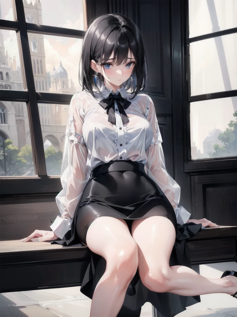 absurdres, RAW photo, extremely delicate and beautiful, masterpiece, Best Quality, ultra high resolution, 32k, hyperrealistic, ultra-detailed, delicate facial features, beautiful detailed woman, tearful mole, earring, medium breasts, full body shot, medium hair, black hair, white collared shirt, black skirt, pencil skirt,
