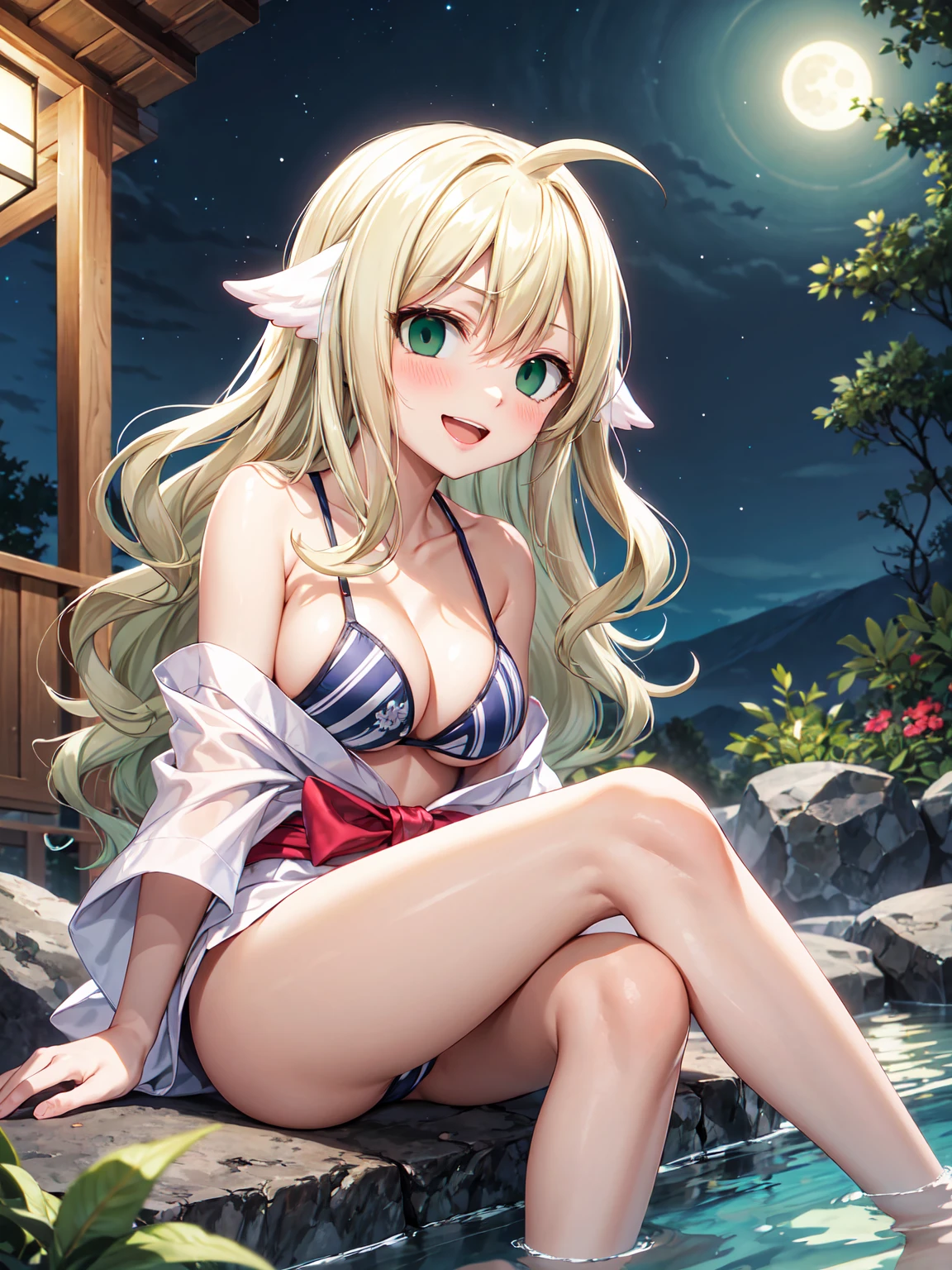 Masterpiece ,best quality , high resolution , (1 girl solo:1.38) , (mavis, long hair, blonde hair, (green eyes:1.5), ahoge, wavy hair) , (cleavage:1.2) , (medium breast:1.28) , (wear yukata , inside wear bikini ) , (cleavage:1.15) , (big breast:1.1) , (face view , front view , from front , look at view ) , (outdoor , in hot_spring , night , hot_spring hotel , pund , night , moonlight) , (sitting on stone , sitting beside pound , legs in water , thighs ) , ( smile , open mouth , full face blush , shy )