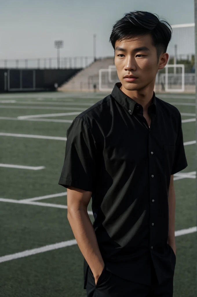 young asian man looking at camera In a black button-down shirt , Fieldside, beach, sunlight, looking at the football field