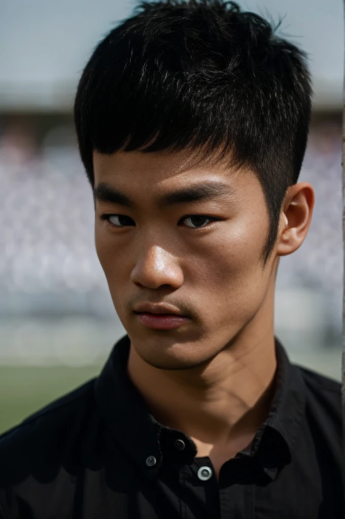 young asian man looking at camera In a black button-down shirt , Fieldside, beach, sunlight, looking at the football field