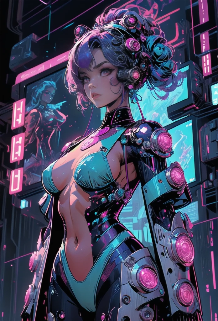 masterpiece, best quality, 1girl, solo, retro futuristic cyborgwoman, seamlessly blending mechanics and elegance. fit, small breasts, blueish skin, with magenta hair, old woman, fashion modeling pose, form fitting turquoise swimsuit-like-armor , happy, wild hair, humanoid face with bigger eyes and some cyberparts, plain background, dark colors, Anime, Cartoon, Comic Book, Concept Art