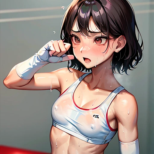 Injured Japanese female high school mixed martial artist during a match in the ring。Short black hair。Taking a fighting pose、Glaring at someone。Rin々A funny expression。Drenched in sweat。A well-trained body。Six Pack Abs。Small breasts。Erect nipples。White and pink sports bra、Bikini Shorts。Open Finger Gloves。