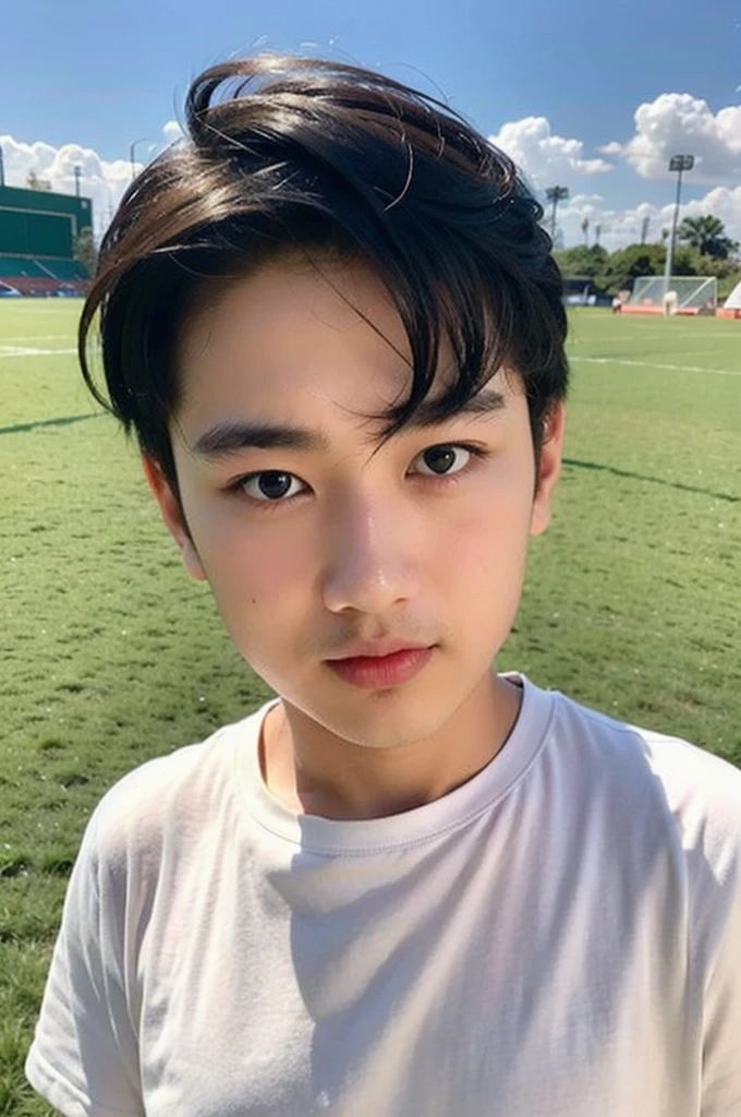 young asian man looking at camera In a black button-down shirt , Fieldside, beach, sunlight, looking at the football field