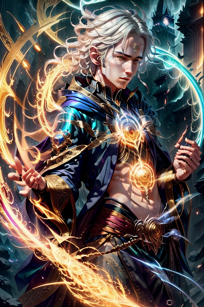 An  enchanting image of a boy casting a magic spell, has Five fingers, white hair floating in the air, with the magic circle visible while casting, facing towards the viewer, glowing with powerful aura of fire with read color color scheme, shows the magic caster eyes with etheral light, a mist in his background, with a beautiful scene in the background, cinematic lighting, dramatic lighting, super detailed, hyper detail, black cloak, royal prince, detailed magic circles