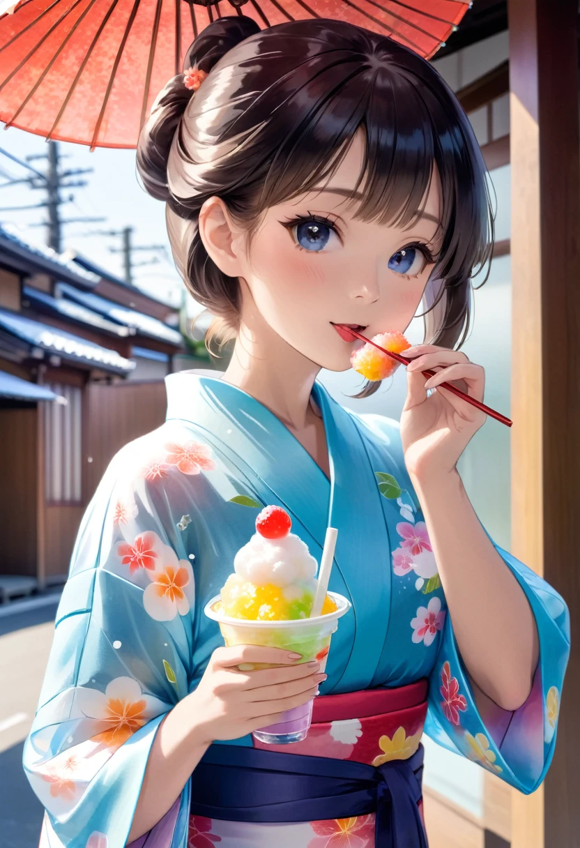 A beautiful woman in a translucent yukata eating shaved ice