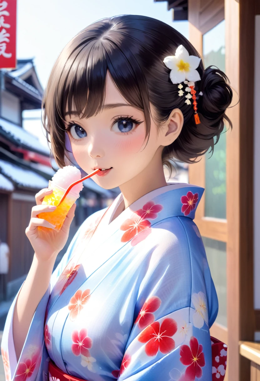 A beautiful woman in a translucent yukata eating shaved ice