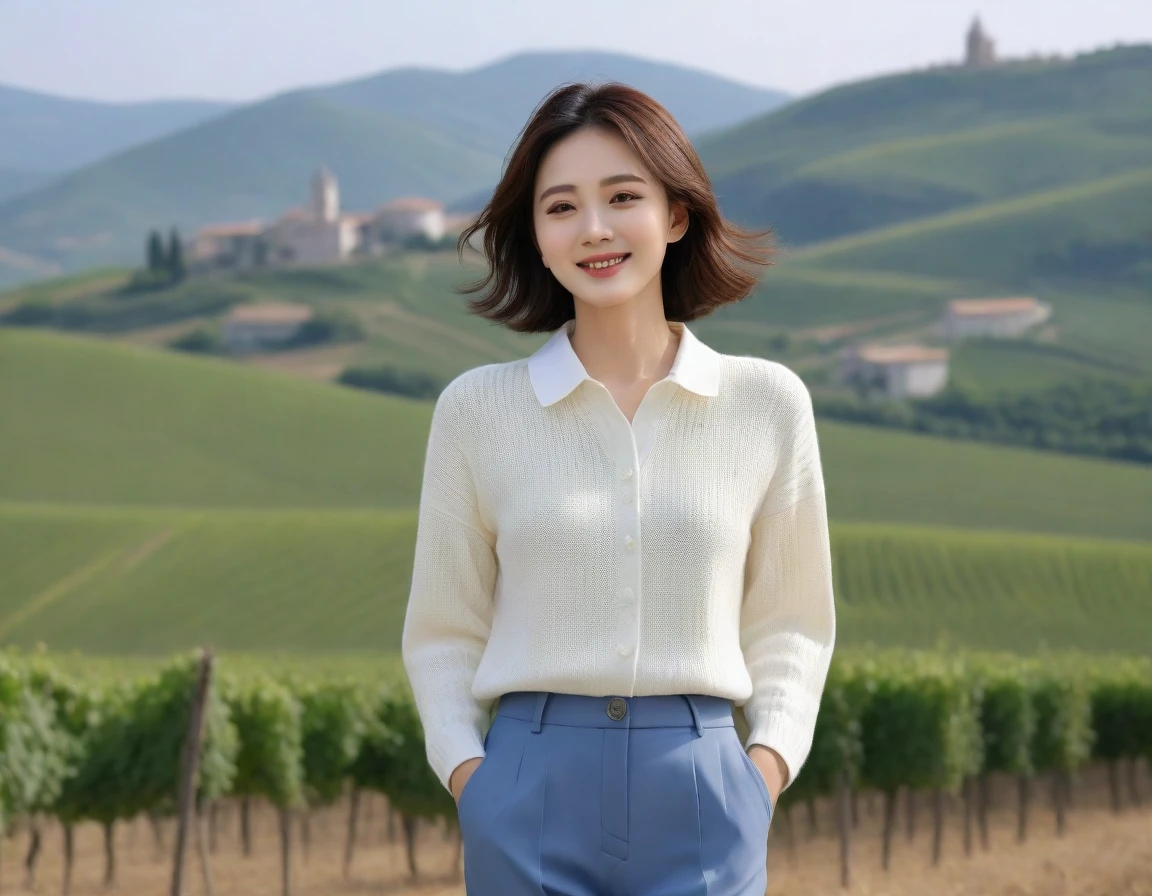 k Best picture quality, Beautiful 36-year-old Korean woman, short and nice weather. Chest size 34 inches, Through the vineyards of the Italian countryside, The cathedral is visible on the hill., The back background is realistic and vivid image quality, Short and medium hair blowing in the wind, Wearing a high-end luxury brand casual jumper and pants., Smile slightly. the background is clear, Short and slim Korean woman, A distinct face
