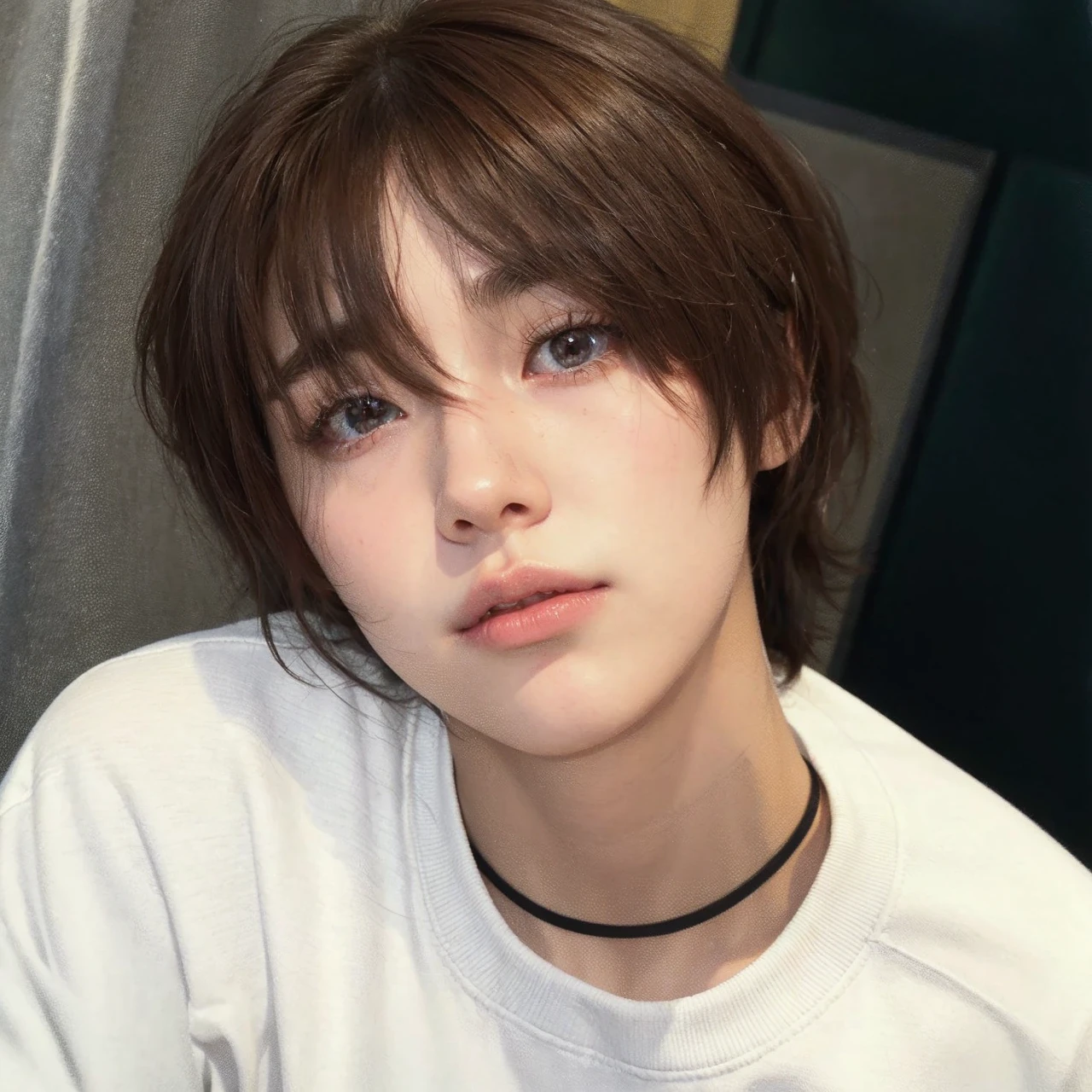ai realistic style, choi beomgyu, boy, feminine, soft features, soft eyebrows, thin eyebrows, innocent eyes, beautiful face and eyes, like digital drawing realistic, pretty, cute, asian, nose highlight, juicy lips, glass skin, bj doll, pretty boy, brown eyes, ethereal, same features as photo, nose highlight, glass skin, looking away, not looking directly, soft hair, pretty hair, shiny hair, delicate hair, wavy hair, brown hair, cute hair, juicy lips, brown hair, thin neck, doe eyes, almond eyes