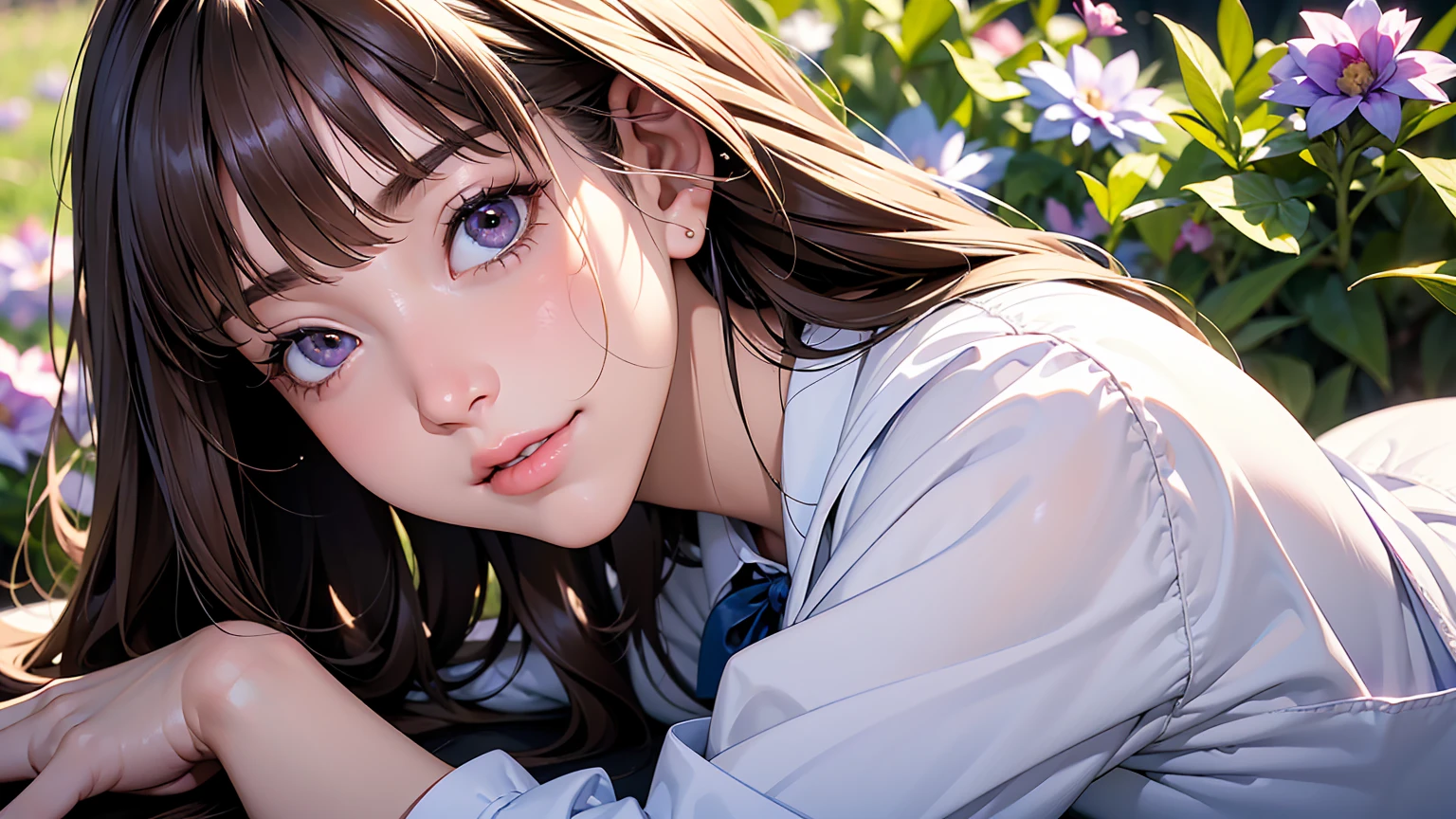 masterpiece、high resolution 8k、NSFW、sharp focus、contrast lighting、fine skin、muste piece、 highest quality、Ultra - High resolution、Super high resolution、Highly detailed CG、Medium shot, woman is laying down in a field of purple flowers、woman is wearing a pair of blue headphones. She is smiling and seems to be enjoying a pleasant moment of relaxation.、beautiful eyes、(Detailed face and iace:1 2)、narrow eyes、almond eye、Black pupil、eye gradation eye highlight:1.2)、(light reddish brown hair、middle、asymmetrical bangs)、(ID card、Blazer for office wear shortage、white cutter shirt、black pencil skirt、pumps)、(plump lips、gross、glossy lips、small breast size) 、(oval face : 1.4)、(thin fingers、fine arms、detailed human hand)、laughter half open、teeth visibl