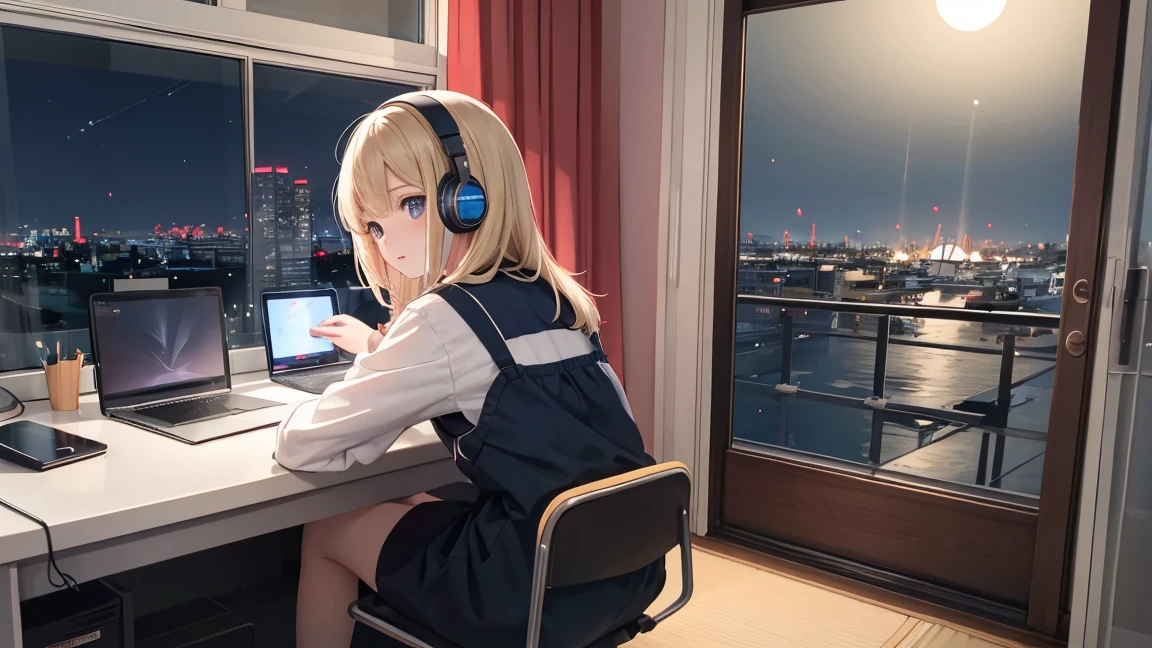 "Anime girl sitting in front of computer in cozy bedroom (seen from behind), girl listening to music with headphones in cozy room at night, girl enjoying beautiful Tokyo night view from window, Alfa Romeo toy on desk. Enjoying watching an Alfa Romeo 159 on a computer monitor, 2D animation style, 90s anime aesthetic, lo-fi, high detail, with hard drive, mix of animation style and Fujifilm, hyperrealistic, 8K, masterpiece."