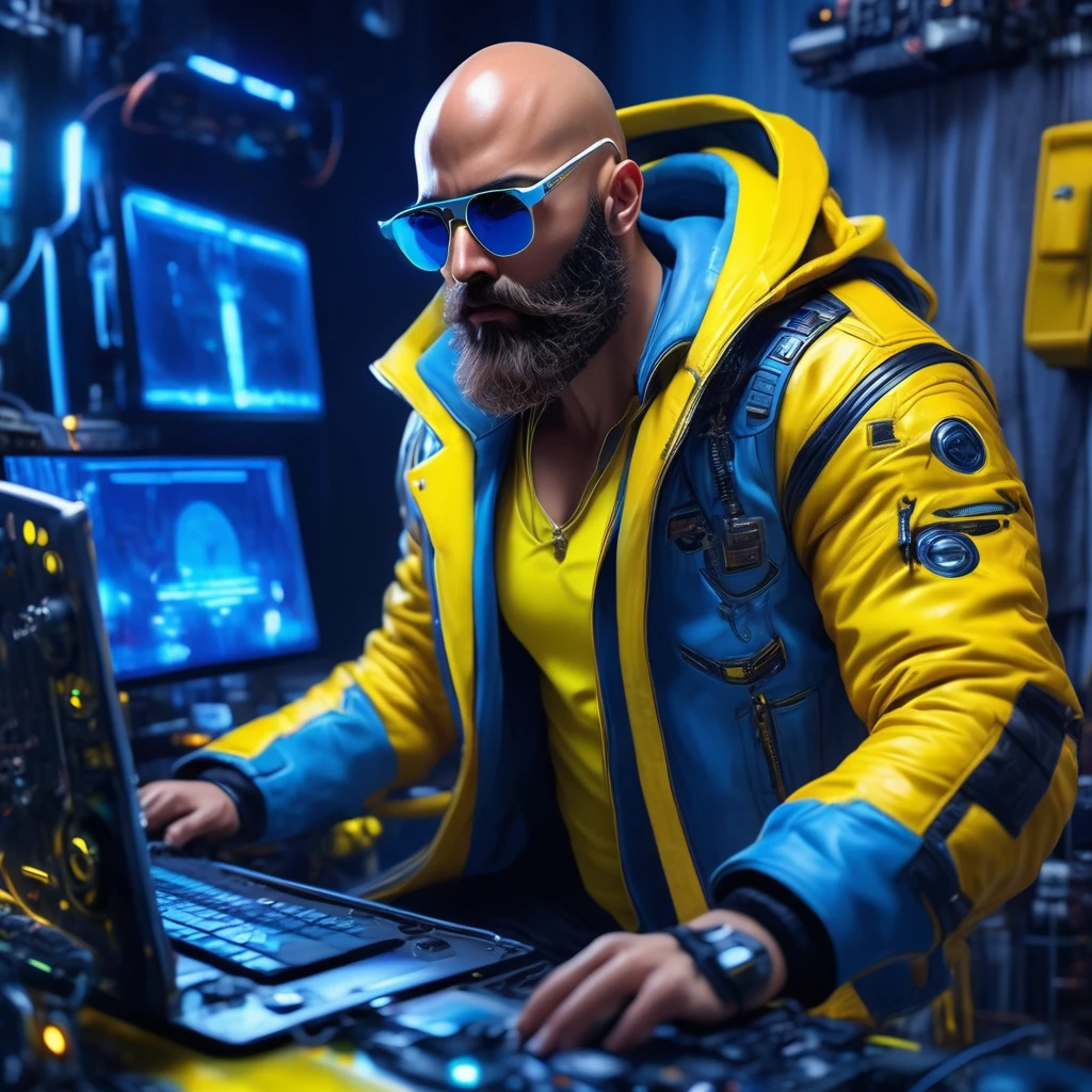 A bald guy with a short and stylish brown beard, athletic body, wearing a yellow leather jacket with blue neon, sunglasses, connected ends, in his bedroom, using a computer to hack, sci fi environment, night-time, POV view