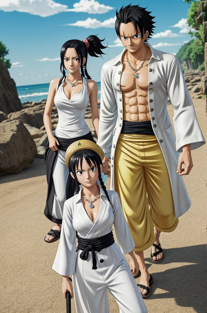 ((In the style of One Piece Wano Anime Arc)) I am a man and a very tall and very pale, lean, and tower over nearly everyone. his hair is tied up in a pony tail. He retains the appearance of a man in his late twenties. I wear a white tang top with white dress pants a Fedora and white dress shoes with a silver chain and a diamond watchand earrings, and i have a p.i.m.p walking stick and black colored eyes in the one piece wano saga style)
