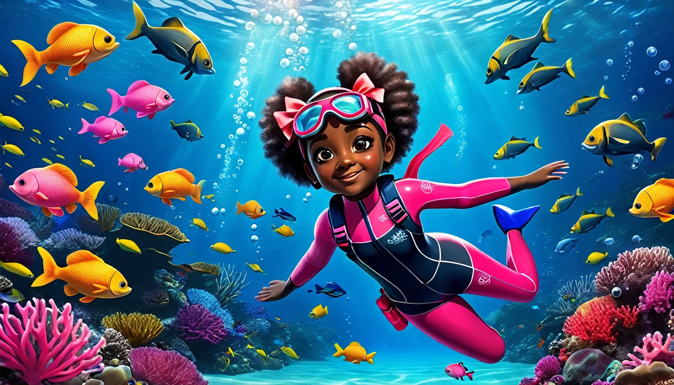 Create a vibrant underwater scene featuring a kid-friendly avatar of a young girl named Arya with dark skin, hair styled in afro puffs with pink and red bows. Arya is swimming underwater, wearing scuba gear including a pink wetsuit, blue overalls, goggles, snorkel, and pink flippers. The underwater environment is lively and colorful, filled with marine life such as fish, coral, and bubbles. Arya has a playful demeanor with large, expressive eyes and a friendly smile.