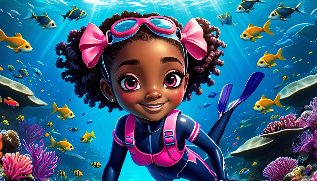 Create a vibrant underwater scene featuring a kid-friendly avatar of a young girl named Arya with dark skin, hair styled in afro puffs with pink and red bows. Arya is swimming underwater, wearing scuba gear including a pink wetsuit, blue overalls, goggles, snorkel, and pink flippers. The underwater environment is lively and colorful, filled with marine life such as fish, coral, and bubbles. Arya has a playful demeanor with large, expressive eyes and a friendly smile.