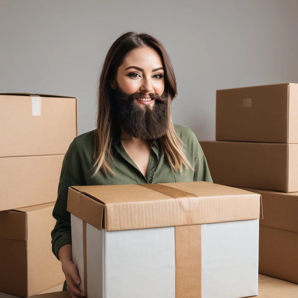 woman with a super trimmed beard, receives a package