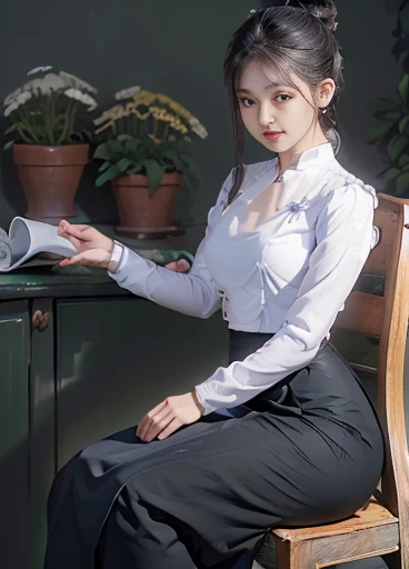 photorealistic, high resolution, masterpiec e best quality ultra-detailed, 1women. (m edium breast), hair bun, jesmine flower o n the head, mature female, solo, hips up, (wearing acmmsayarma outfit, acmmsaya rma white top with buttons, long sleeves), ((acmmsayarma black long skirt) 281/2000