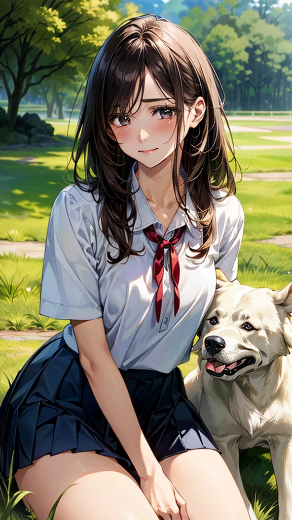 (masterpiece:1.2, top-quality, ultra high res, ultra detailed), (realistic, photorealistic:1.4), beautiful illustration, (natural side lighting, movie lighting),
looking at viewer, (face focus, upper body), 1 girl, japanese, high school dirl, perfect face, (perfect anatomy), cute and symmetrical face, baby face, shiny skin, slender
(long hair:1.5, straight hair:1.2, sark brown hair), parted bangs, grey eyes, long eye lasher, (medium breasts),
beautiful hair, beautiful face, beautiful detailed eyes, beautiful clavicle, beautiful body, beautiful chest, beautiful thigh, beautiful legs,
((detailed cloth texture, short sleeve white collared shirts, navy blue pleated mini skirt, red neck ribbon), , ,
(beautiful scenery), hands on chest, (lovely smile, upper eyes),
She is wearing a very short skirt.In a grassy field, a girl is on all fours, and a large dog is clinging to her back from behind, holding on tightly to her lower body.
Her face was bright red, her mouth was open, and she looked like she was about to cry.
She is wearing a very short skirt.